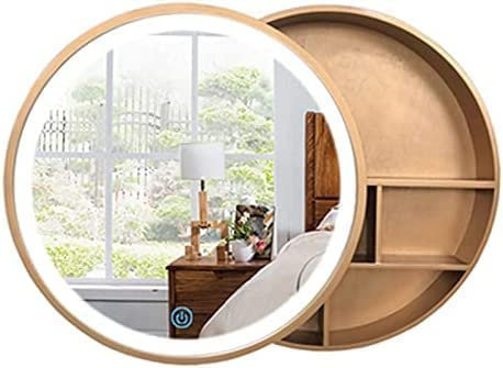 PRESSLAY Runder Badezimmer-Spiegelschrank mit LED-Beleuchtung, an der Wand montierter Aufbewahrungsschrank, Spiegel, Medizinschrank, 3-stufiger Aufbewahrungsschiebespiegel aus Holz, Smart-Touch-Schal
