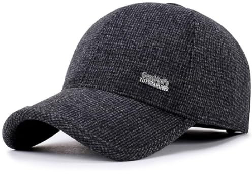 DCRWVCTON Men's Winter Warm Wool Woolen Tweed Peaked Baseball Cap Hat with Fold Earmuffs Warmer Metal Buckle (2-Black)