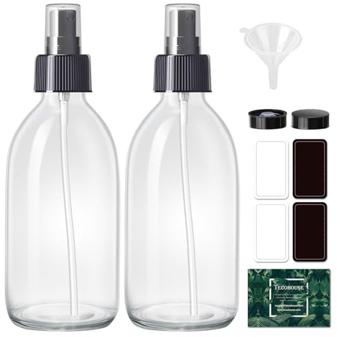 Tecohouse 2 Pack Glass Spray Bottles, 250ml Small Glass Bottles for Cleaning Solutions, Spray Bottles for Essential Oils, Plants, with Durable Nozzle, Labels, Funnel - Clear