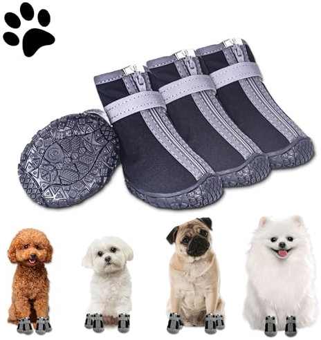 Hundeschuhe Pfotenschutz Outdoor, 4 Stück Wasserdicht Hunde Schuhe mit Reflektierendem Klettverschluss, Verstellbarer Hundestiefel für Kleine Mittlere Große Hunde (Schwarz-Wasserdicht, 3)