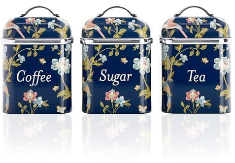 Laura Ashley Elveden Navy Tea Coffee Sugar Canisters - Kitchen Storage Jars