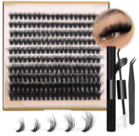 Lash Set DIY Lash Extension Set Professional,Set de pestañas para principiantes contiene 200 unidades de pestañas postizas D Curl-2 en 1 cepillo de pestañas pinzas