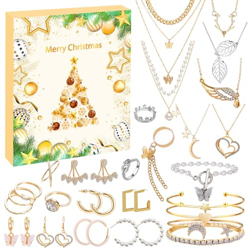2025 Calendario Adviento Joyas Mujer, Calendario Advento 2025 Bisuteria 24 Sorpresas Cuenta Atrás Navidad con Pulsera Ccollar Pendientes y Anillo Regalos para Calendario de Adviento Mujeres Niñas