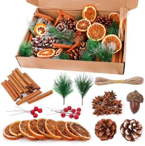Joxessaien Ensemble de décoration de couronne de Noël de 198 pièces – Accessoires de couronne de l'Avent avec tranches d'orange séchées, bâtons de cannelle, étoiles anisées, noix, pommes de pin