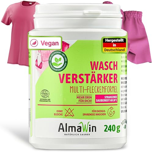 AlmaWin® Waschverstärker [240g] mit Multi-Fleckenformel - Waschkraftverstärker ohne Bleichen - Fleckenentferner für strahlende Sauberkeit ab 20°C - Entfernt Blut, Deo, Gras & Mehr - VEGAN