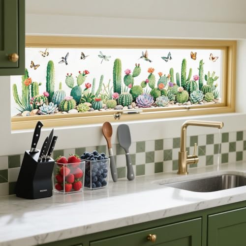 ANATTASOUL Kaktus und Schmetterling Fensterbilder for Frühling Sommer | Doppelseitig Blickdichter Badezimmer Fensterbilder Kinderzimmer Wiederverwendbare Fensterbilder Frühling for Winter Herbst