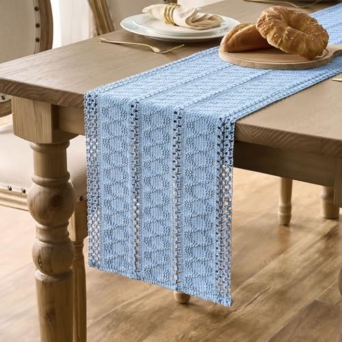 Runner Tavolo Tessuto Juta Azzurro 30x140 Boho Chic Elegante Modern Table Runner Blu Shabby Chic Casa Centro Tavola Moderno Tovaglia Centrotavola Centrini Moderni per Camera da Letto Tavolo per Cucina