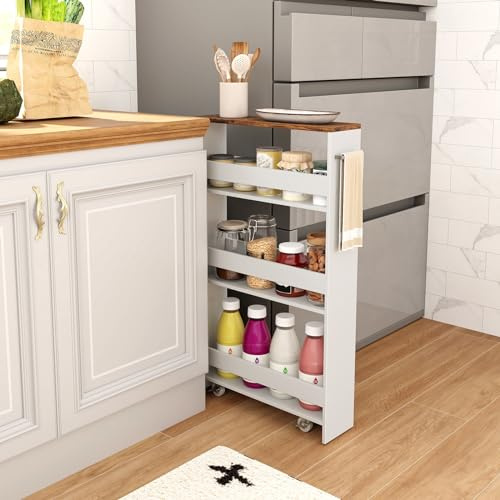 RELAX4LIFE Carrello Stretto 13cm/20cm con Ruote 360° e Freni, 4 Ripiani,Salvaspazio Portaoggetti Ultra Sottile e per Cucina, Bagno (Marrone+Bianco, 48x13x81 cm)