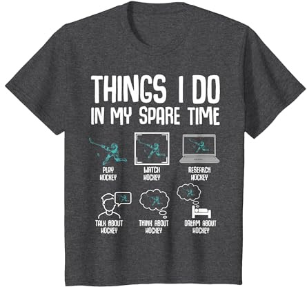 Hockey Things I Do in My Spare Time Ice Hockey Kids Boys T-Shirt, Youth, Dark Heather Grey, Large