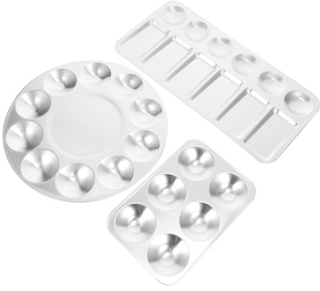 MOKKHNB Set 3 Pezzi Vassoio per Vernice in Alluminio Argento, Tavolozza Rotonda per Pigmenti ad Acquerello e Olio, Facile da Pulire e Salva Spazio per Schizzi e Pittura Artistica