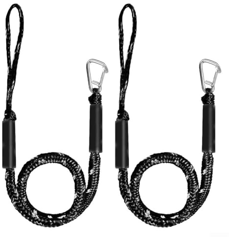 Lot de 2 cordes d'amarrage extensibles de 1,2 à 1,5 m avec boucle en acier inoxydable 316, flottant pour kayak, bateau, jet ski, ponton, voile, choc robuste de 1000 kg (noir et blanc)