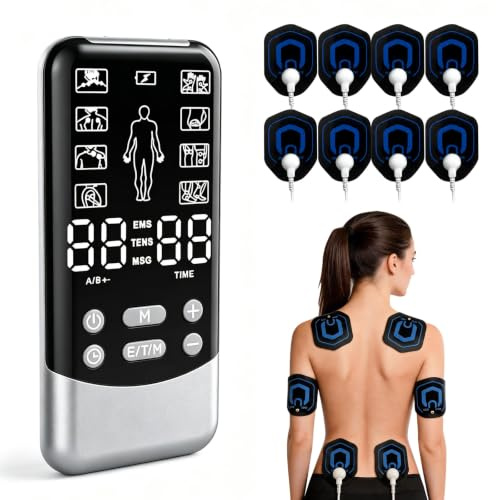 EMS TENS Gerät Schmerztherapie, 2 Kanäle und 8 Elektroden Pads, 3-in-1 Reizstromgerät, EMS Massagegerät mit 24 Modi & 30 Stärkestufen, zur Schmerzlinderung