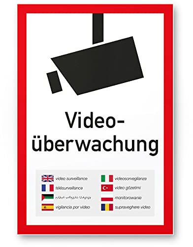 Komma Security Videoüberwachung Schild mehrsprachig 20 x 30 cm - Achtung Vorsicht Videoüberwachung - Hinweis Hinweisschild Videoüberwacht - Warnschild Warnhinweis Videoüberwachung