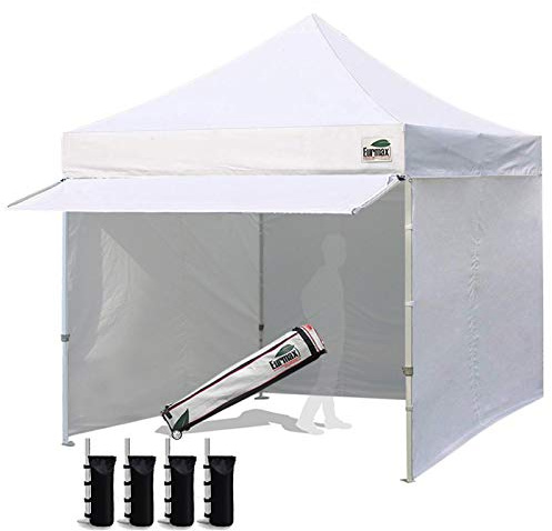 Eurmax USA 10 x 10 Pop up Canopy Commercial Tent Outdoor Party Canopies with 4 Removable Zippered Sidewalls and Roller Bag Bonus 4 Canopy Sand Bags & 24 Squre Ft Extended Awning(White)