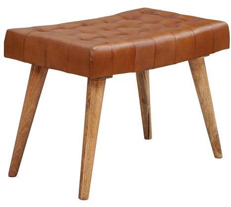 FineBuy Sitzhocker 67x47x39 cm Mango Massivholz Echtleder, Chesterfield | Lederhocker gesteppt ohne Lehne, Beistellhocker für Wohnzimmer und Schlafzimmer, handgefertigt, Unikat