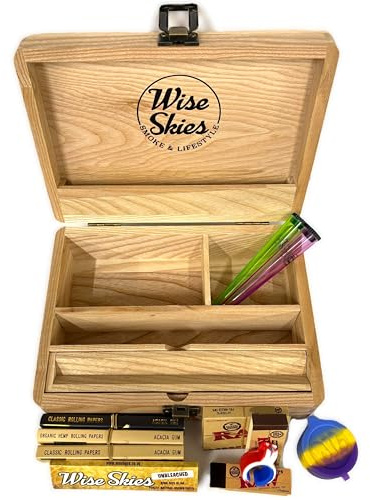 Wise Skies Large Wooden Rolling Box Set Rolling Paper Tips