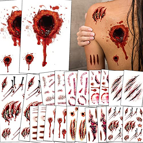Halloween Tattoos,Jusduit 22 Blatt Narben Tattoos Halloween Wunde Kunstblut Zombie Tattoo Aufkleber Gesichtstattoo HalloweenDecoration für das Gesicht Hände und Füße Makeup Temporäre Tattoo Halloween