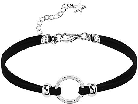 Gualiy Choker Halsband Einstellbar Doppel Halskette Gliederkette Samt O-Ring Form Anhänger Gothic Halsband Silber Schwarz mit Zirkonia, 30+8 cm