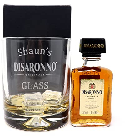 Regalo Personalised Engraved Dimple Tumbler & Disaronno Amaretto Miniature Gift Set | Laser Engraved 9oz Glass | Gift for Him & Her | 18+ (Disaronno Amaretto, Cardboard Gift Box)