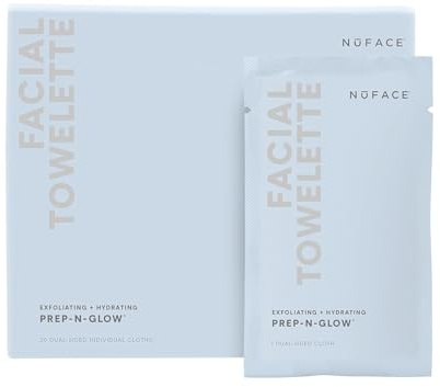 NuFACE Prep-N-Glow Facial Towelettes - 2-in-1 Exfoliating + Cleansing Makeup Remover Wipes, Hyaluronic Acid Travel Face Wipes to Hydrate & Brighten for Glowing Skin - 20 Individually Wrapped Cloths