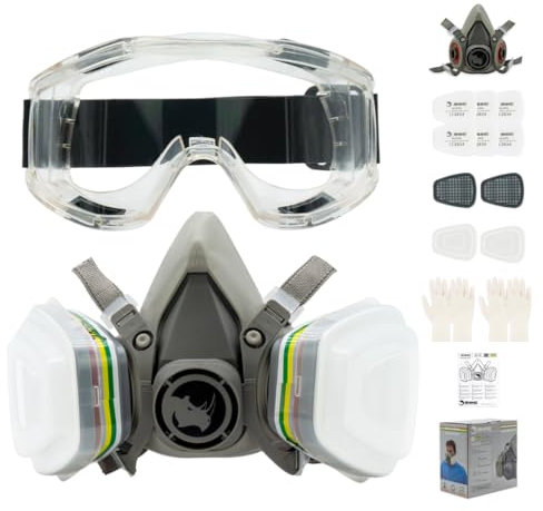 Maschera Antipolvere RH-M103 ABEK1 Mascherina Facciale Antigas Riutilizzabile per Vapori, Fitosanitari, Verniciatura, Acido, Ammoniaca | 6 Filtri Antiparticolato FFP2 | Occhiali di Protezione e Guanti