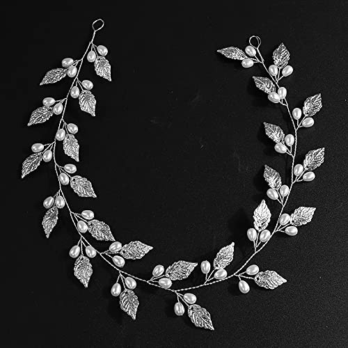 Teyglen Bladpärlor långt pannband hår vinstockar handgjorda brudlöv pannband bröllop hårtillbehör för brudar hårdelar roséguld blomma flicka huvudbonader för kvinnor (40 cm silver)
