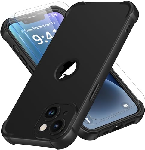 ORETECH Compatibile con Cover iPhone 14 Plus,Custodia iPhone 14 Plus con 2 x Pellicola Protettiva Vetro Temperato Ultra Sottile Antiurto Hard PC Silicone Anti Graffio Cover - Nero