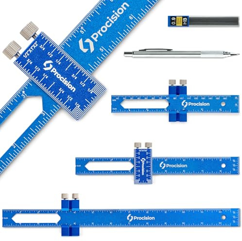 Procision Woodworking Set of 3 Rulers (12, 8, 6 Inch) with Extra Wide 2 Sliding Attachment and Mechanical Pencil