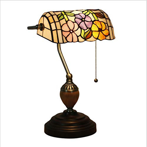 Banker Lamp in The Tiffany Style, Handmade Endless Flower-Colored Glass Lampshade, Vintage Zipper-Switch Lamp, Antique Iron Alloy Sockel Screaming Lamp,