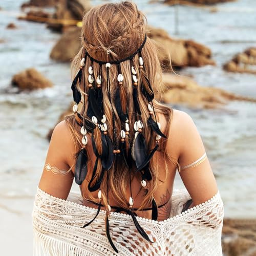 Zoestar Boho-Feder-Stirnband, Vintage-Muschel-Kopfschmuck, Hippie-Kopfschmuck, indischer Kopfschmuck, Festival, Tribal-Haarschmuck für Damen und Mädchen