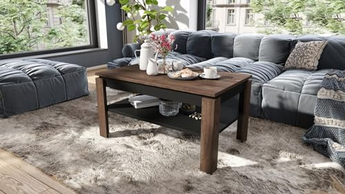 designimpex Design Couchtisch Tisch Asti-P höhenverstellbar 55-67cm Esstisch, Farbe:Eiche dunkel - Schwarz matt