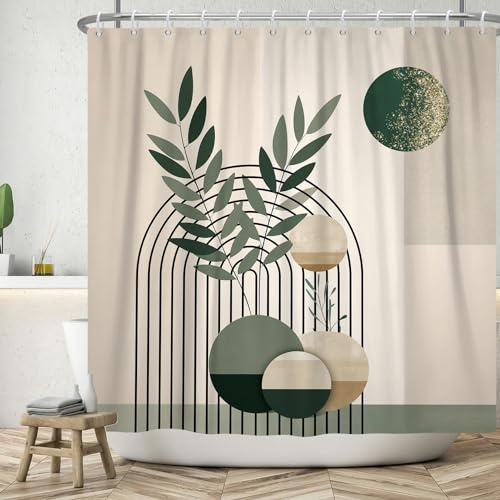 ASDCXZ Boho Duschvorhang 180x220 cm, Modern Abstrakt Kunst Boho Style Retro Sonne Grün Blätter Beige Bad Waschbar Duschvorhänge Polyester Textil Wasserdicht Badevorhang für Badewanne mit 12 Haken