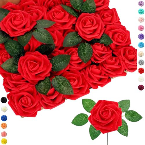 COSORO 25pcs Faux Red Roses Artificial Flowers Roses,Real Touch Foam Roses Fake Flowers Artificial Rose Bulk with Stem for Wedding Decor,Bridal Shower Crafts Home Baby Shower Valentines Day Decoration