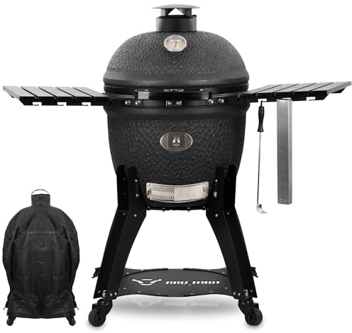 BBQ-Toro Kamado Grill Holzkohlegrill Yoru Ø 56 cm mit Seitenablagen, Thermometer | matt schwarz | Bubble Frosted Glaze | Ceramic Grill mit Rollen, Keramikgrill, BBQ Keramik Grill, Kugelgrill