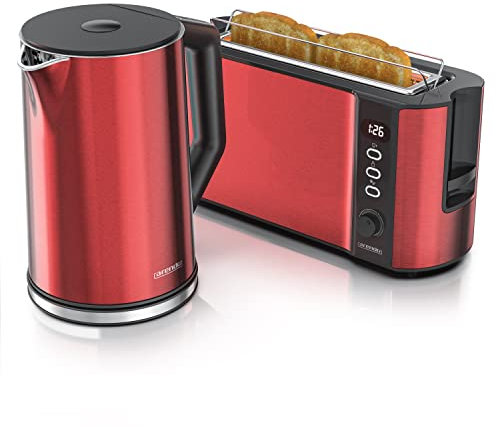 Arendo Bollitore e tostapane in SET Bollitore in acciaio inox 1,5L 40°-100°C, tostapane a 2 fette Schermo LED 6 livelli di doratura Portapasta viennese Tostapane rosso carminio