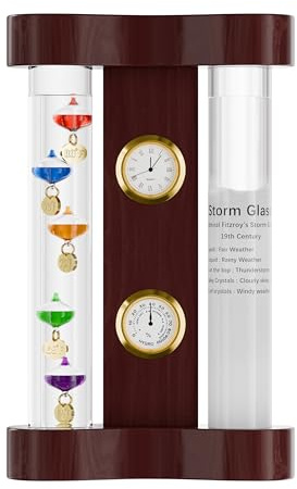 Analog Weather Station with Glass Galileo Thermometer Fitzroy Storm Glass Precision Quartz Clock and Analog Hygrometer Gift for Family or Friends Present Home, Office Indoor Décor (7 x 4.3)