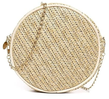 Strohtasche Korbtaschen Kleine runde Umhängetaschen Sommer handgefertigte gewebte Umhängetasche Damen Ketten Kreis Strandtasche Damen Handtaschen Geflochtene Tasche (Color : A, Size : 19 * 6 * 19cm)