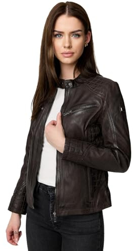Tazzio F522 Veste en cuir véritable pour femme Style motard, marron, M