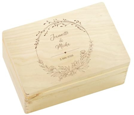 Manufaktur Liebevoll Erinnerungsbox Hochzeit Erinnerungskiste Geschenkbox Schatztruhe Hochzeit Hochzeitskiste für Brautpaar Holzkiste mit Gravur personalisiert Hochzeitsgeschenk (Kranz, S)