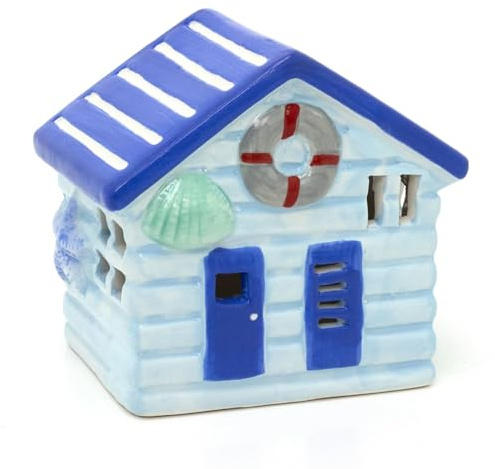 Carousel Home Blue LED Ceramic Beach Hut | Nautical Beach House Ornament | Light-Up Coastal Decoration - 11cm