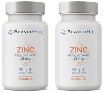 Zinc Bisglycinate - 15 mg Zinc Élément | 180 Gélules Végétales (Pack de 2 x 3 mois) | BEAVERHILL | Immunité - Antioxydant - Peau - Cheveux - Fertilité - Vision