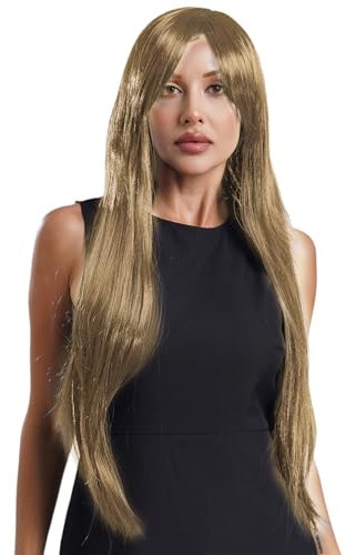 dPois Damen Perücke mit Pony Lang Glatt 80cm Gerade Haare Synthetische Perücke Anime Kostüm Halloween Fasching Kostüm Blond Einheitsgröße