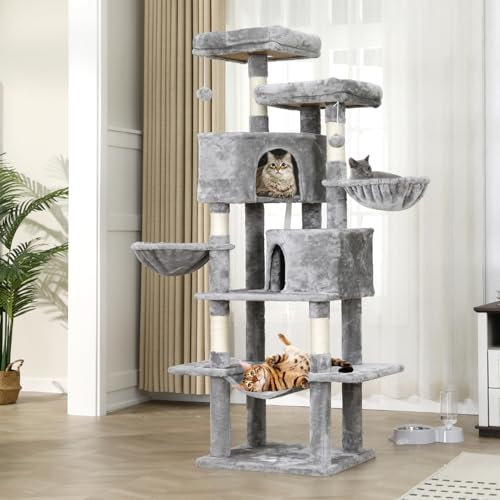 Kratzbaum für Große Katzen 180 cm hoch, Katzenbaum mit 2 Höhlen, 3 Liegemulden, 2 Aussichtsplattformen, Sisal Seil Kratzsäulen, viele Plüschbälle (hellgrau)
