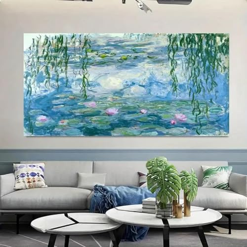 Kunstdrucke auf Leinwand mit Seerosen-Zitaten von Monet – Tuschemalerei-Landschaftsposter für Wohnzimmer, Home Office, Klassenzimmer – Moderne Kunst, 90 x 180 cm, rahmenlos