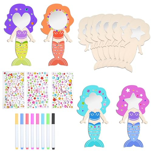 Svalor Holz Bastelset Kinder, 12 Stück DIY Holzspiegel, Mini Holz Spiegel zum Bemalen, Holz Basteln Kinder mit Aquarellstift, Glitzersteine für Mädchen Jungen Kindergeburtstag Basteln Kinder