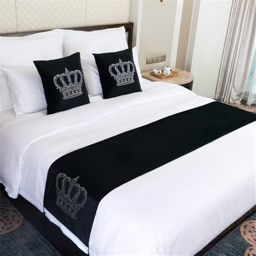 Odot Bettläufer mit Kissen Set, Modern Krone Bettläufer für den Fuß des Bettes mit Passende Kissenbezug Weich Mode Bettlaufer für Gästehaus Hotel Schlafzimmer Dekoration (45 * 240cm,Schwarz)