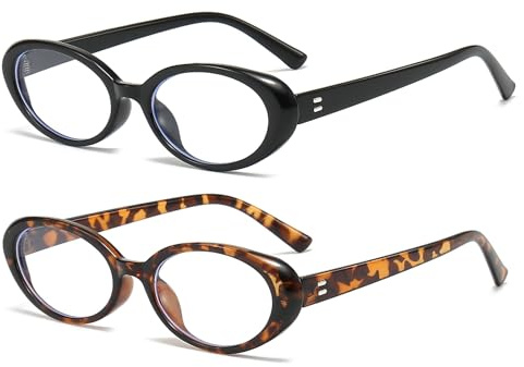 LJCZKA Ovala blåljusglasögon för kvinnor, små kattögon blåljusblockerande glasögon damer anti-trötthet för läsning sms spel, Svart + leopard, 54-20-146