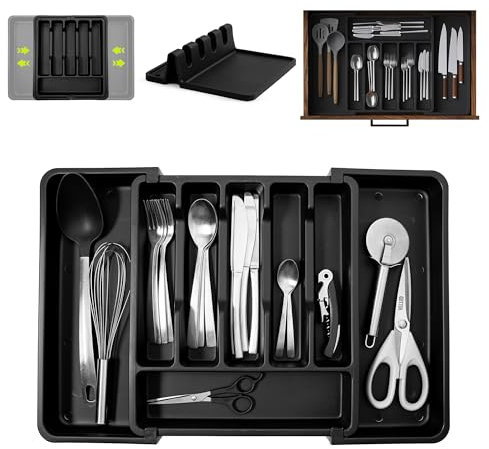 DEGUITY Cubertero para Cajón, Cubertero Extensible, Organizador De Cubiertos Con 6-8 Compartimentos Ajustables, Cuberteros Para Cocina, Organizador de Cubertería Ajustable, Color Negro.
