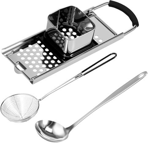Spätzlehobel,Spätzlereibe Edelstahl,Spätzlehobel mit Teigschlitten,Spätzle Set mit Sieblöffel und Suppenkell,Spätzlemaschine Edelstahl Ideal für Spätzle und Knöpfle(A)