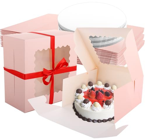 Oungy 12 PACK 10 Inch Cake Board and Box, 10x10x5inch Large Cake Box and Board with Window, Pink Bakery Boxes Square Cake Boxes with Ribbon for Pastries, Cookies, Pies and Muffins
